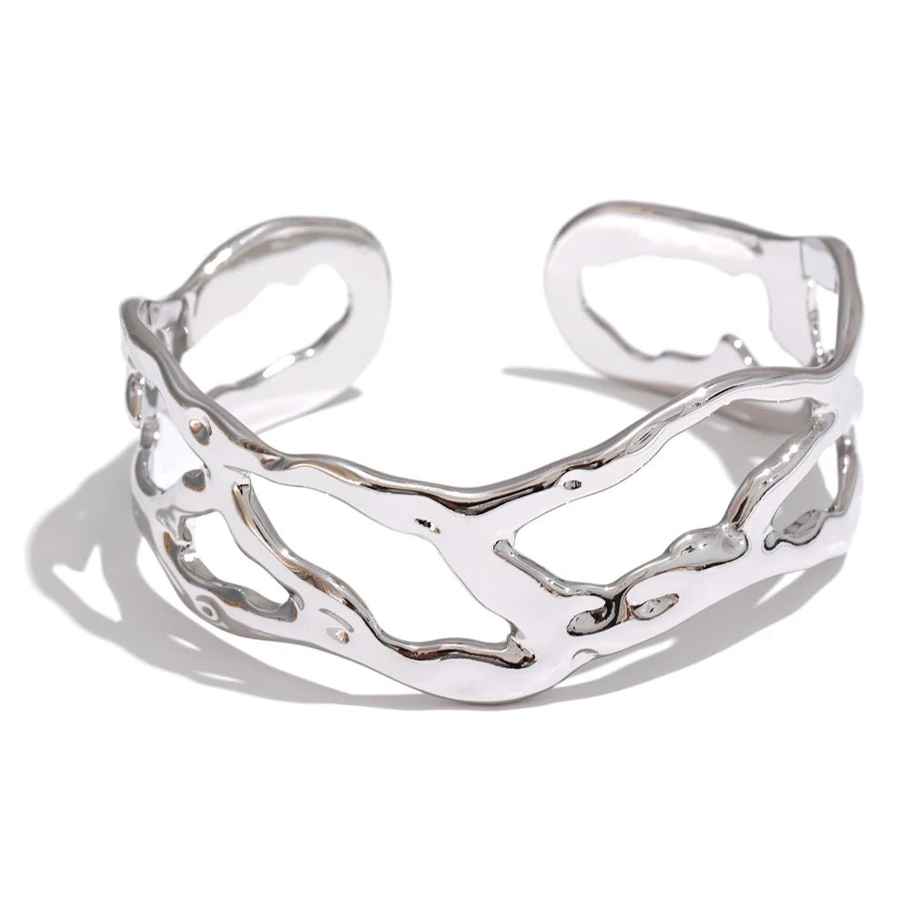 Stylish Unique Design Stainless Steel Metal Hollow Wide Cuff Bracelet Bangle Texture Rust Proof 18K PVD Plated Jewelry