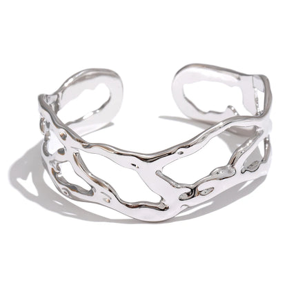Stylish Unique Design Stainless Steel Metal Hollow Wide Cuff Bracelet Bangle Texture Rust Proof 18K PVD Plated Jewelry