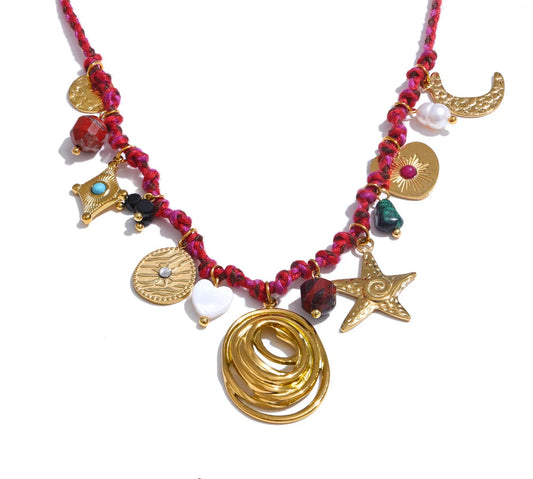 Fashion Rope Braided Handmade Necklace Drop Natural Stone Moon Star Stainless Steel Accessories Popular Jewelry