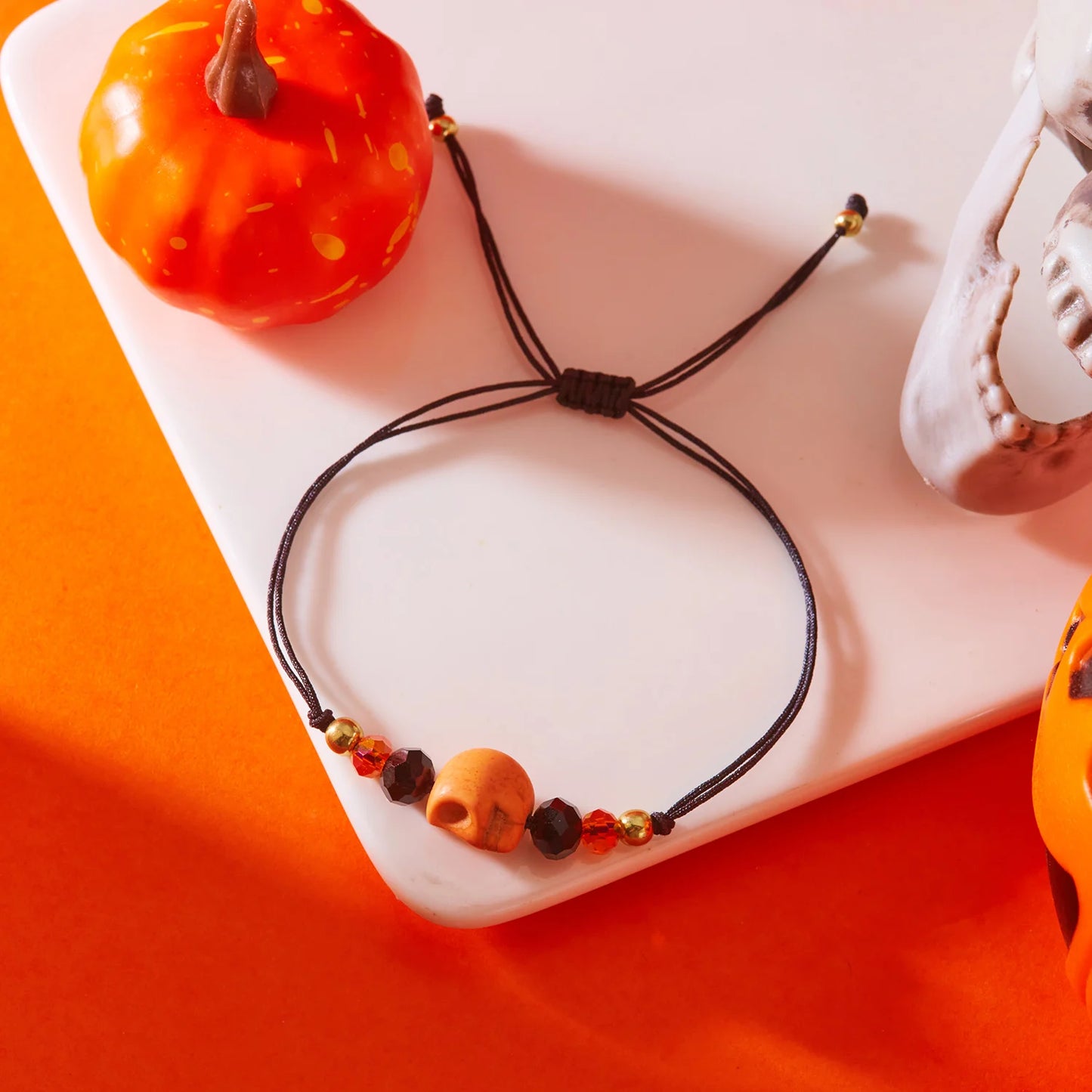 Fashion Halloween Handmade Braided Bracelet for Women Pumpkin Skeleton Skull Big Flower Beaded Bangles Festival Party Jewelry
