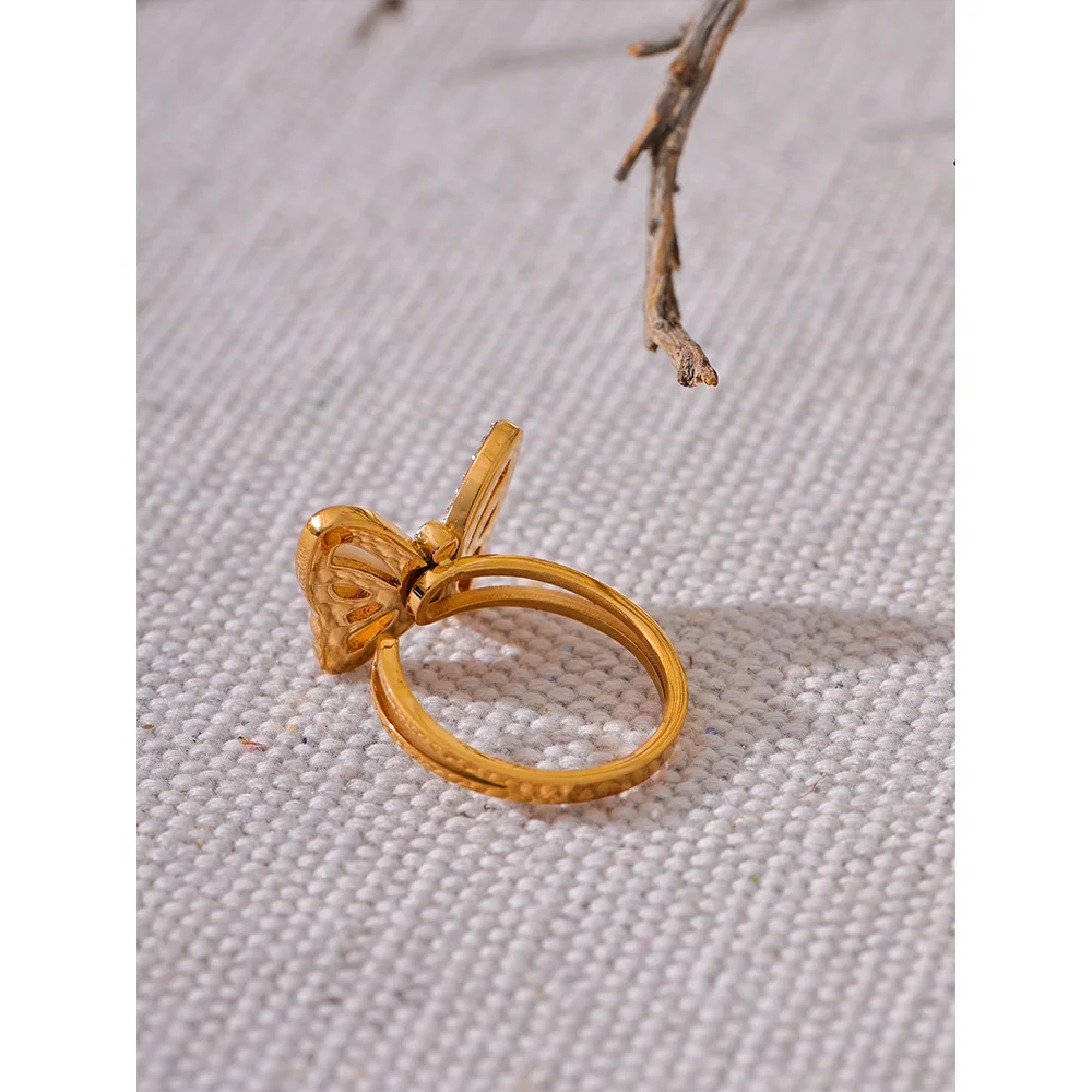 Exquisite Natural Shell CZ Stainless Steel Butterfly Ring Inlaid Cubic Zirconia Gold Color Fashion Jewelry Accessories