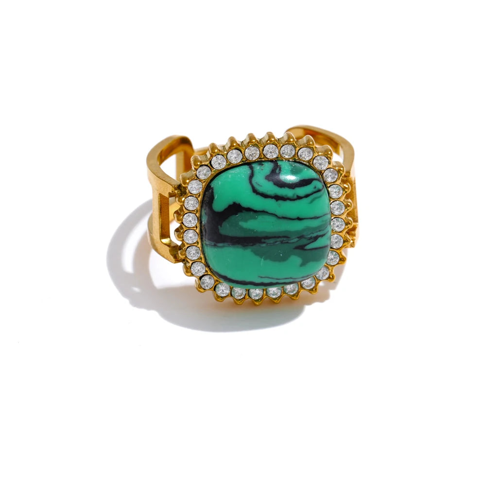 Natural Pink Crystal Stone Malachite Zircon Square Open Ring for Women Stainless Steel High Quality Finger Jewelry Gift