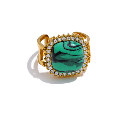 Natural Pink Crystal Stone Malachite Zircon Square Open Ring for Women Stainless Steel High Quality Finger Jewelry Gift
