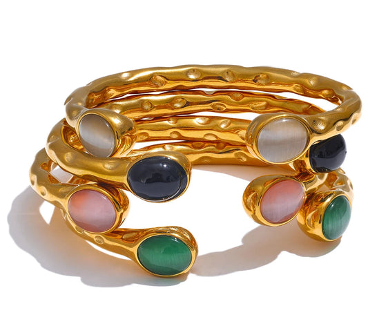 62mm High Quality Stainless Steel Multicolored Natural Stone Golden Cuff Open Bracelet Bangle Water Resistant Jewelry
