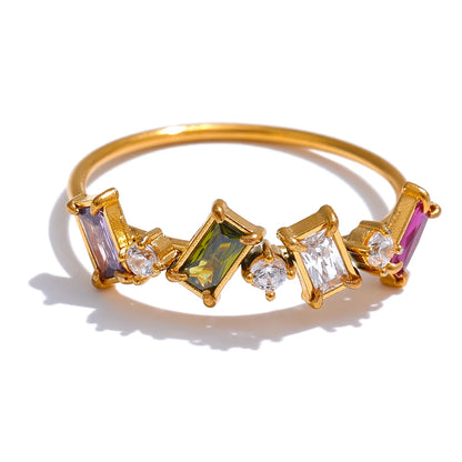 Chic Bling Colorful Cubic Zirconia Thin Fashion Ring Waterproof Stainless Steel Trendy Exquisite Finger CZ Jewelry
