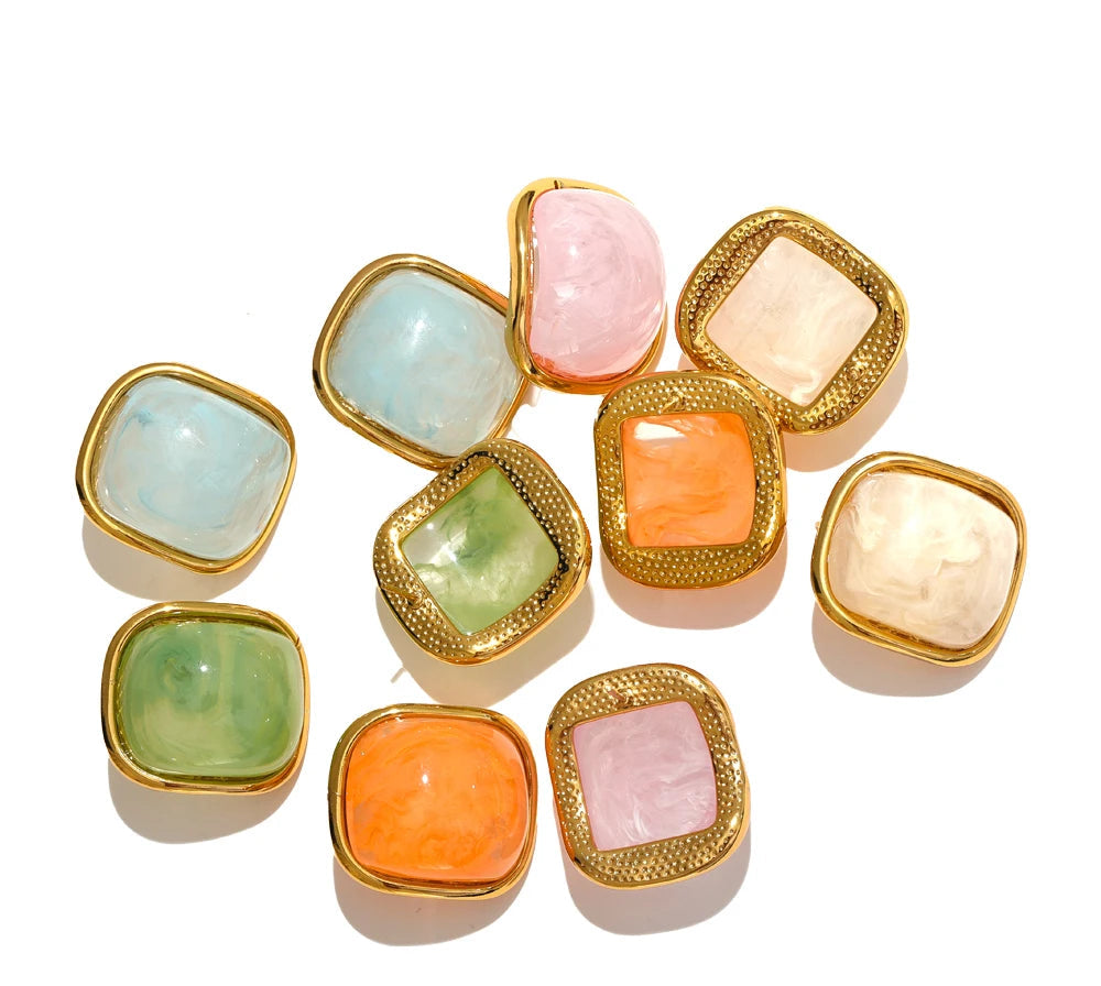 Y2K Colorful Resin Square Golden Stud Earrings Women Summer Stainless Steel 18k Plated Candy Charm Jewelry Waterproof