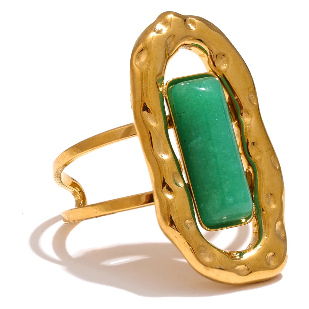 Natural Stone Green Agate Cuff Open Adjustable Ring 18K PVD Plated Stainless Steel Golden Fashion Finger Jewelry Gift
