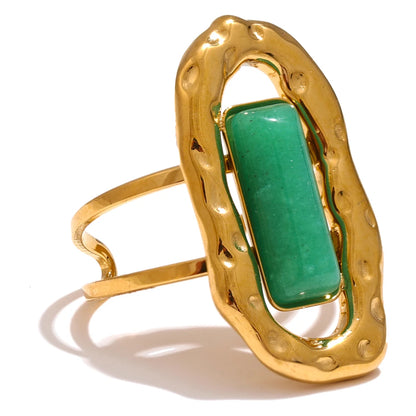 Natural Stone Green Agate Cuff Open Adjustable Ring 18K PVD Plated Stainless Steel Golden Fashion Finger Jewelry Gift