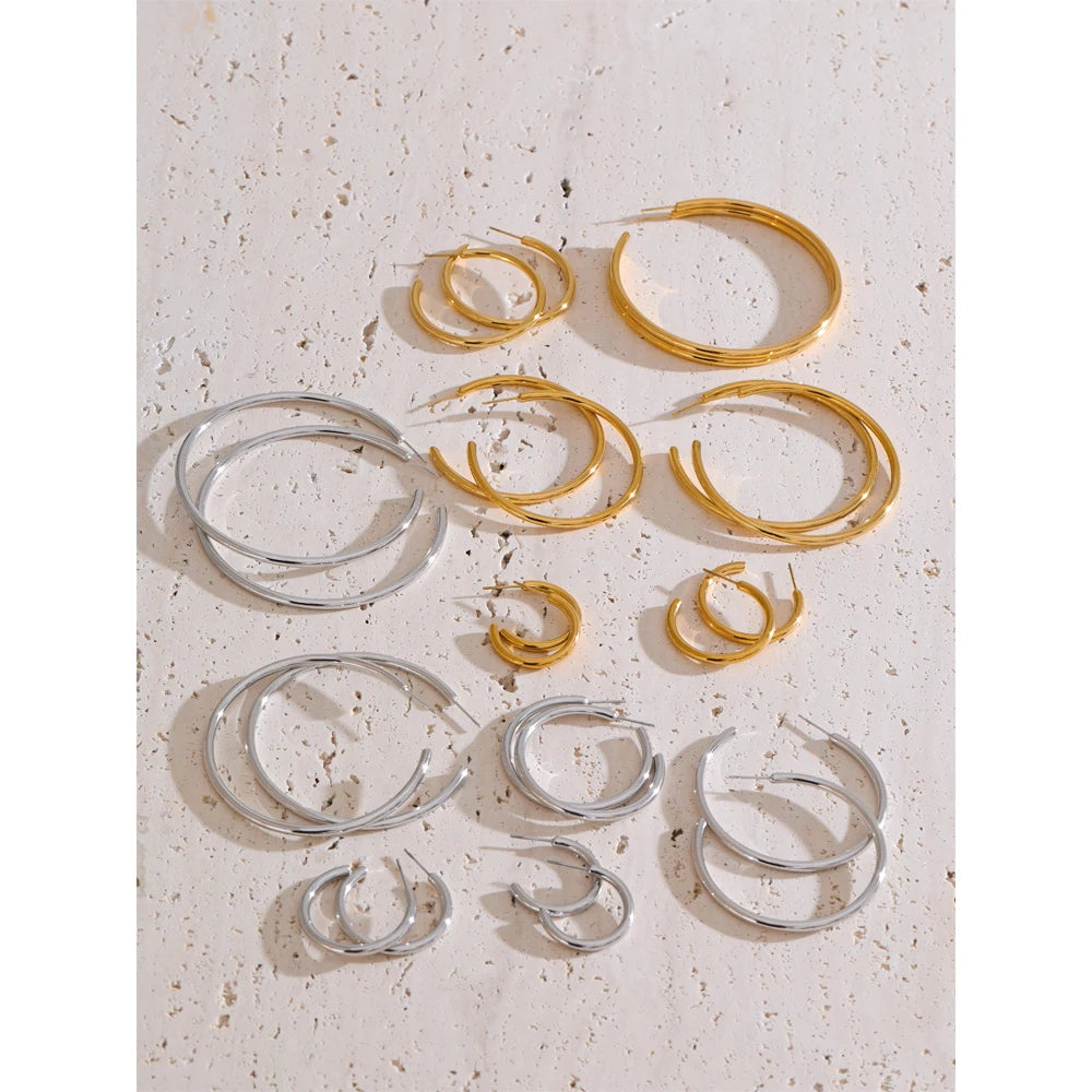 Minimalist C-Shape Round Daily Hoop Earrings Stainless Steel Versatile Popular PVD Waterproof Jewelry