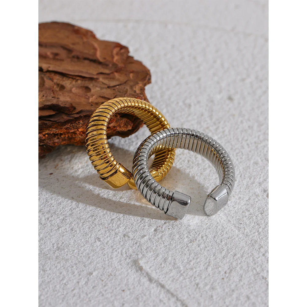 Fashion Stainless Steel Round Elastic Open Ring Minimalist 18K PVD Plated Metal Classic Texture Jewelry Anillo Bijoux