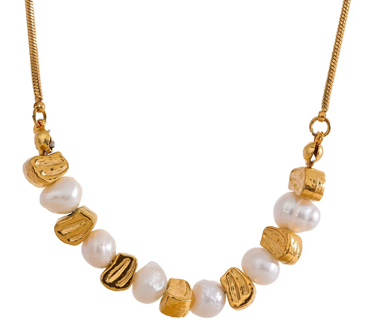 Natural Freshwater Pearl Stainless Steel Beads Chain Necklace Bracelet Bangle Gold Color Vintage Handmade Jewelry Women