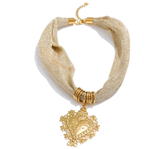 New Style Polyester Cloth Chain Heart Pendant Necklace for Women Stainless Steel Fashion Jewelry Autumn and Winter 2025