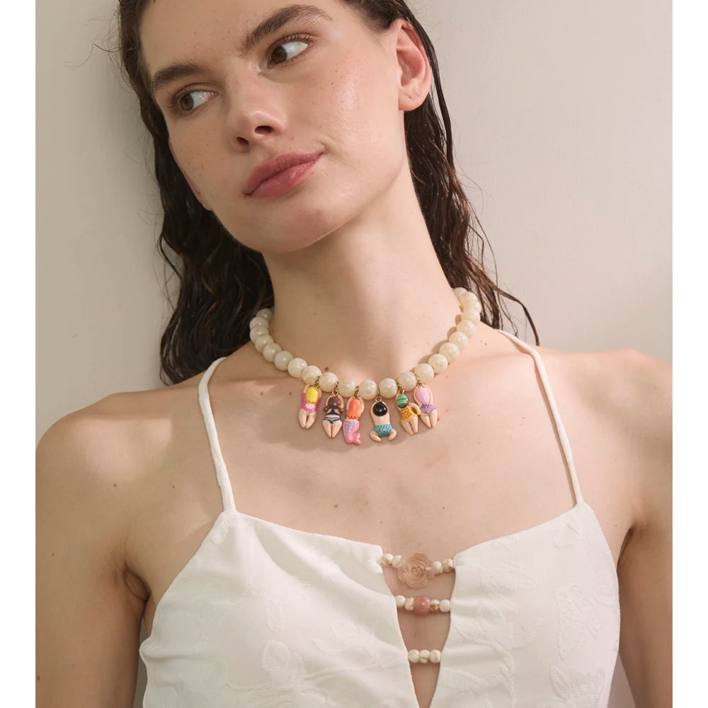 Stylish Unique Handmade Jewelry Glass Imitation Stone Beads Chain Resin Bikini Doll Drop Creative Necklace Accessories