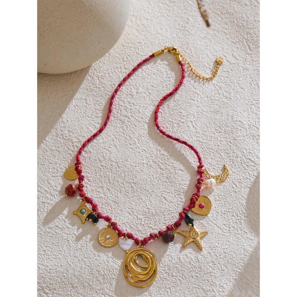 Fashion Rope Braided Handmade Necklace Drop Natural Stone Moon Star Stainless Steel Accessories Popular Jewelry