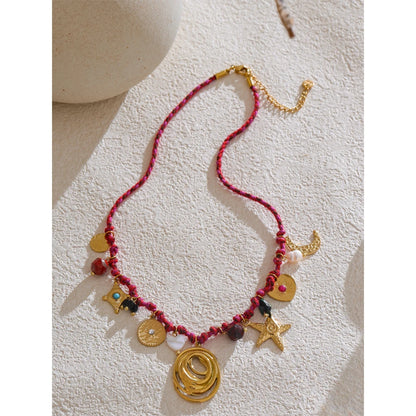 Fashion Rope Braided Handmade Necklace Drop Natural Stone Moon Star Stainless Steel Accessories Popular Jewelry