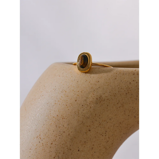 Fashion Natural Stone Stainless Steel Oval Thin Chic Ring Women 18K PVD Plated Waterproof Jewelry Accessories Gift