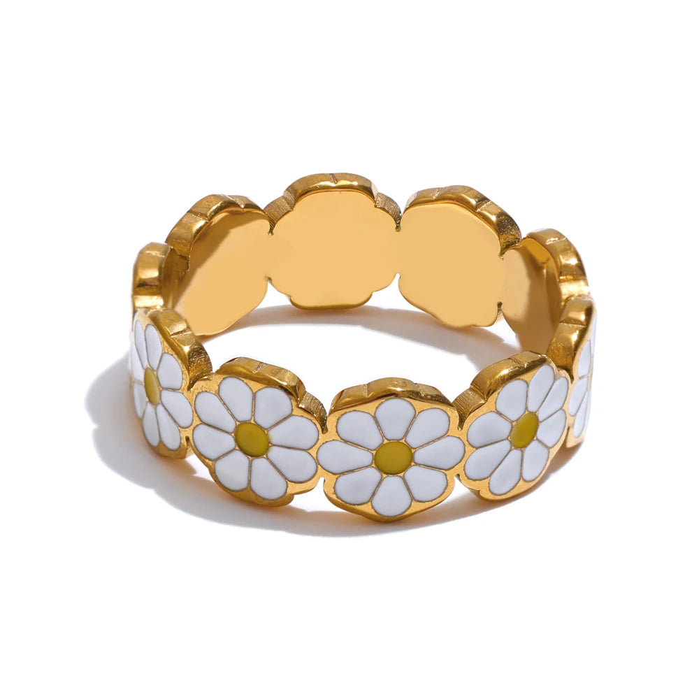 6789# New White Enamel Daisy Flower Golden PVD Stylish Ring for Women Girl Stainless Steel Exclusive Fashion Daily Jewelry