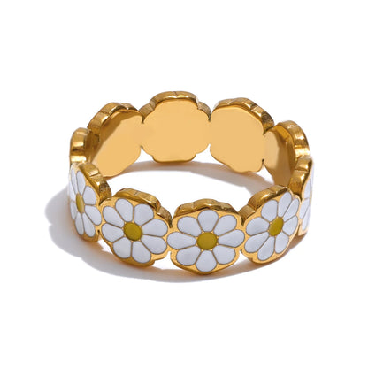 6789# New White Enamel Daisy Flower Golden PVD Stylish Ring for Women Girl Stainless Steel Exclusive Fashion Daily Jewelry