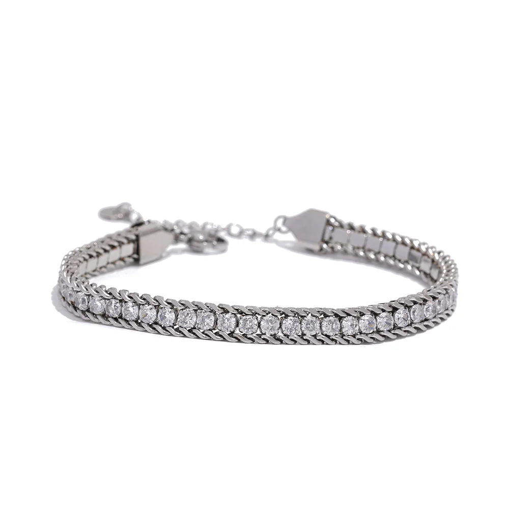 Shiny Cubic Zirconia Stainless Steel Chain Gold Color PVD Plated Bracelet Bangle for Women High Quality Jewelry Waterproof