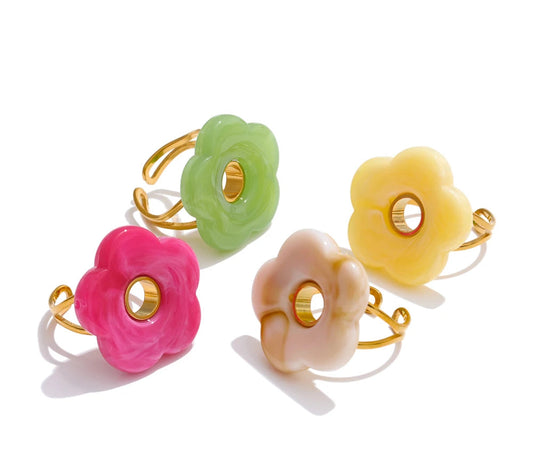 Pink Green Yellow Grey Thick Resin Flower Adjustable Ring 18K Golden Plated Stainless Steel Y2K Arrivals Popular Jewelry