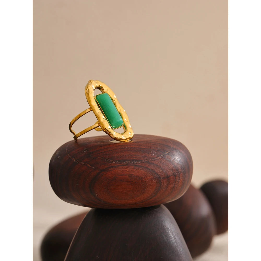 Natural Stone Green Agate Cuff Open Adjustable Ring 18K PVD Plated Stainless Steel Golden Fashion Finger Jewelry Gift