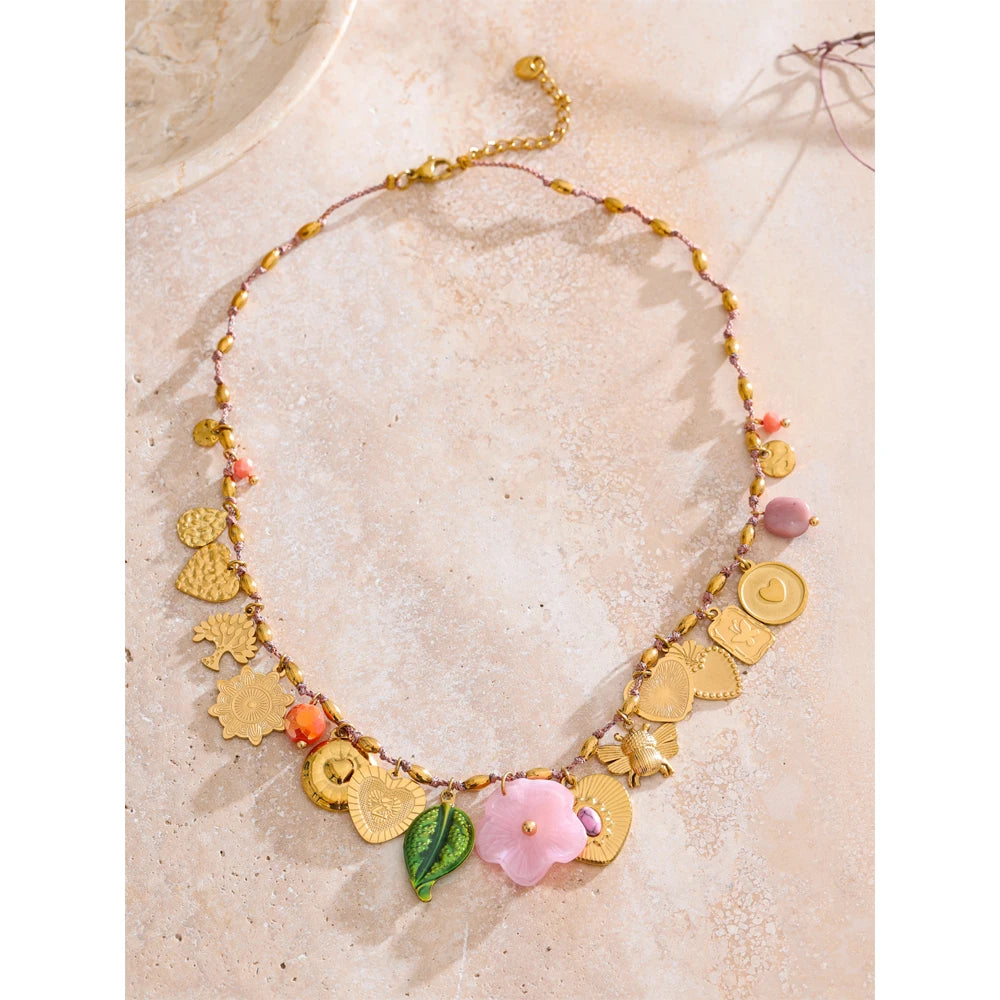 Exclusive Stainless Steel Metal Heart Resin Flower Pendant Drop Charms Necklace 2025 Golden PVD Popular Handmade Jewelry