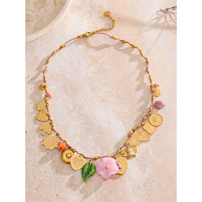 Exclusive Stainless Steel Metal Heart Resin Flower Pendant Drop Charms Necklace 2025 Golden PVD Popular Handmade Jewelry