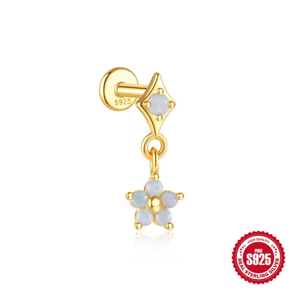 CANNER 1Pc 925 Silver Smooth Stars Moon Stud Earrings For Women 18K Gold Flat Head Threaded Puncture Ear Bone Ins Fine Jewelry