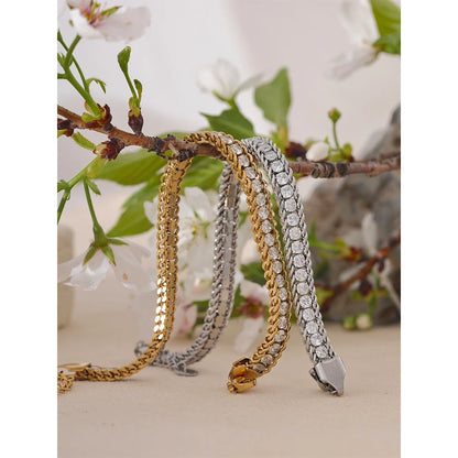 Shiny Cubic Zirconia Stainless Steel Chain Gold Color PVD Plated Bracelet Bangle for Women High Quality Jewelry Waterproof