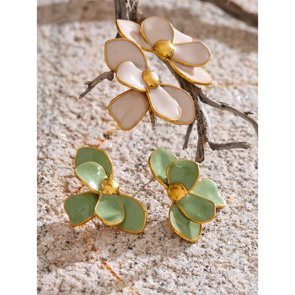 Green Pink Enamel Petal Flower Stud Earrings for Women Stainless Steel Exquisite Spring Summer Daily Trending Jewelry