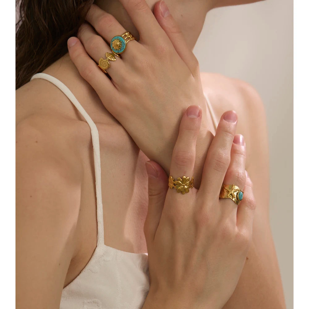 Ocean Style Blue Turquoise Starfish Open Ring 18K Golden PVD Plated Stainless Steel Summer Trending Jewelry Vintage