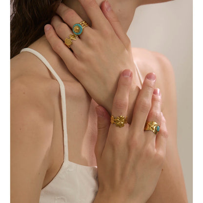 Ocean Style Blue Turquoise Starfish Open Ring 18K Golden PVD Plated Stainless Steel Summer Trending Jewelry Vintage