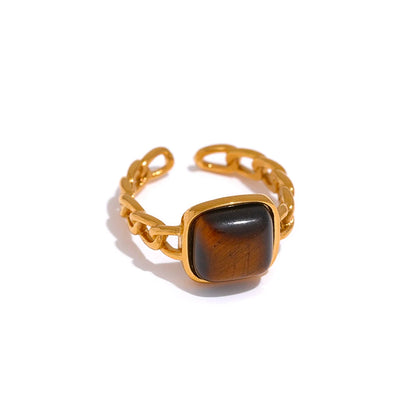 Stainless Steel Natural Stone Open Tiger Ring  for Women Vintage 18K Gold PVD Plated Finger Trendy Jewelry кольца