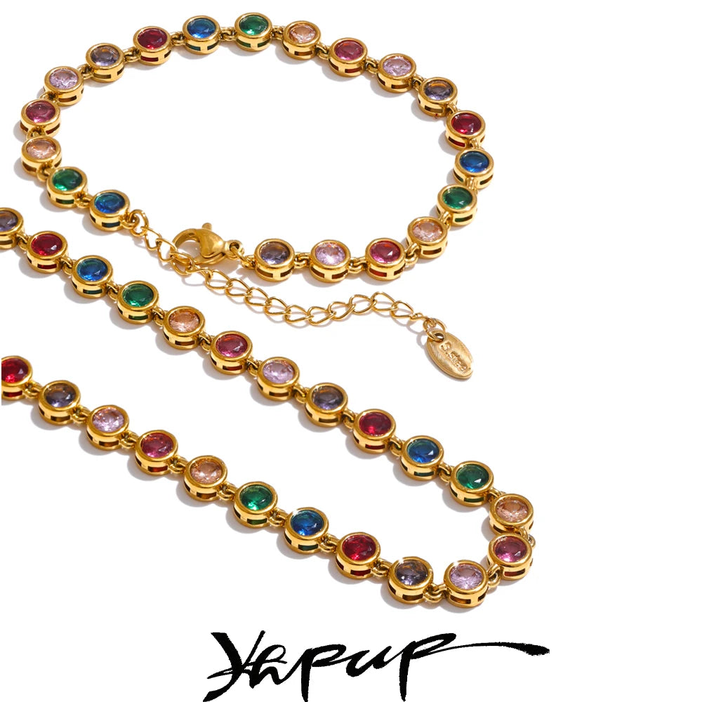 Exquisite Colorful Cubic Zirconia Luxury Cast Chain Necklace Bracelet for Women Stainless Steel Waterproof Jewelry Gift