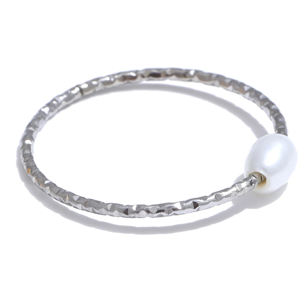 Trendy Stainless Steel Natural Pearl Thin Finger Ring for Women Summer Versatile Daily Jewelry Accessories Gift