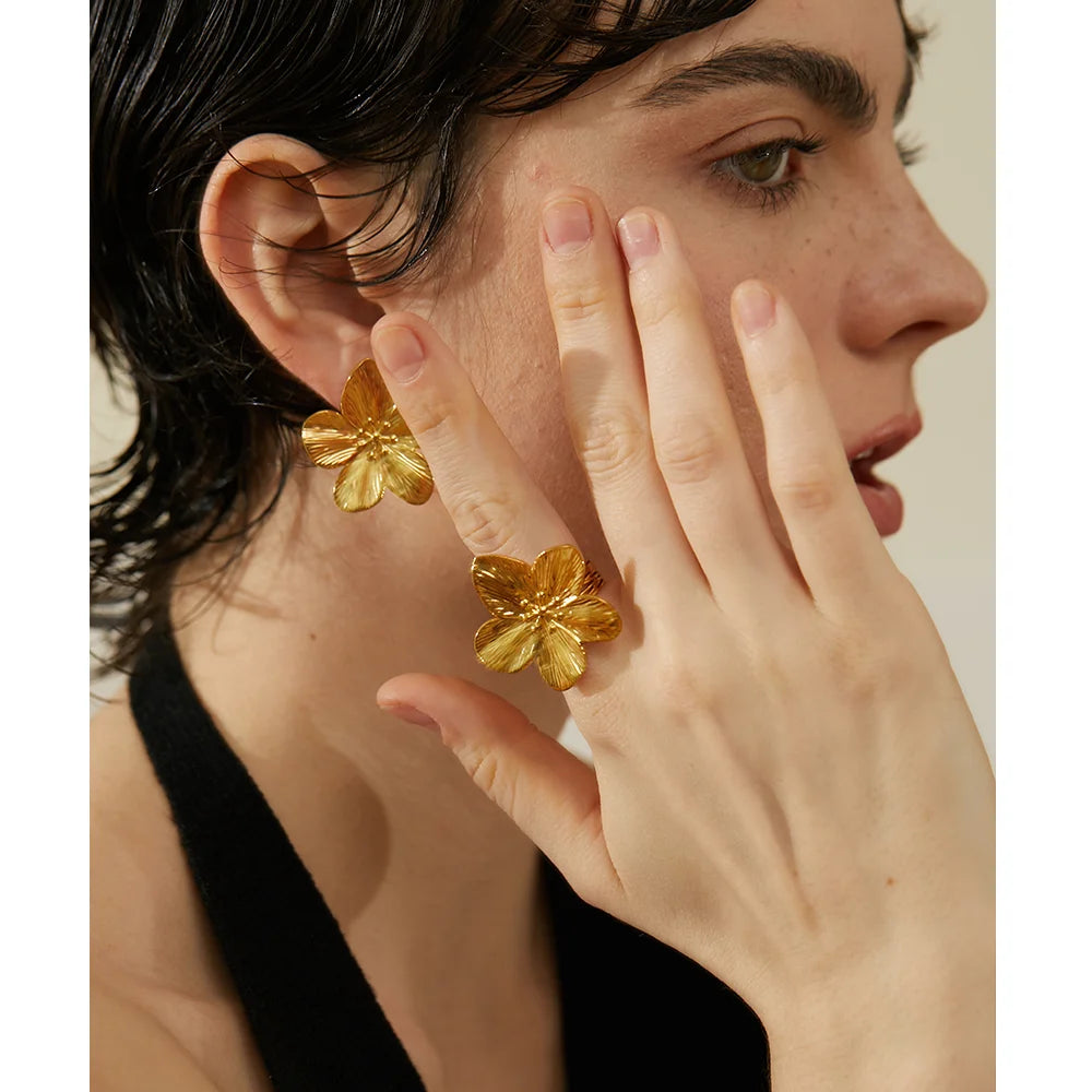 Waterproof 18K Gold Color Stainless Steel Flower Big Open Ring for Women Trendy Fashion Party Summer Statement Jewelry