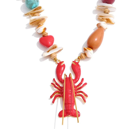 2025 New Handmade Ocean Style Shell Resin Stone Red Crab Pendant Necklace Summer Beads Statement Charm Jewelry