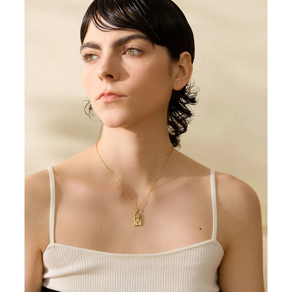 Statement Body Square Pendant Stainless Steel Statement Necklace Gold Color Texture Metal Personalized Jewelry