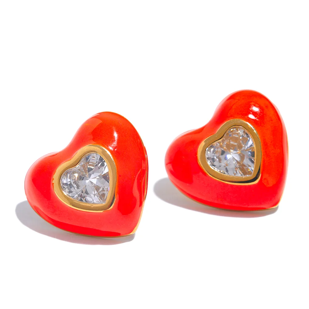 6Color Enamel Shiny Cubic Zirconia Stainless Steel Heart Colorful Stud Earrings Exquisite High Quality Y2K Fashion Jewelry