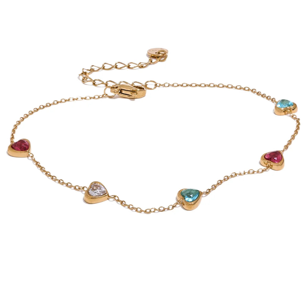 Colorful White Heart Cubic Zirconia Chain Stainless Steel Trendy Anklet for Women Fashion Delicate Summer Jewelry New