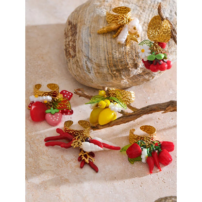 Exclusive Design Strawberry Cherry Chilli Shell Resin Drop Open Adjustable Ring 18K Golden Stainless Steel Charm Jewelry
