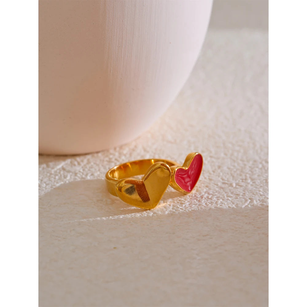 678# Stainless Steel Red Enamel Heart Stylish Ring 18K Gold Color Plated Romantic Valentine's Day Gift Smooth Jewelry