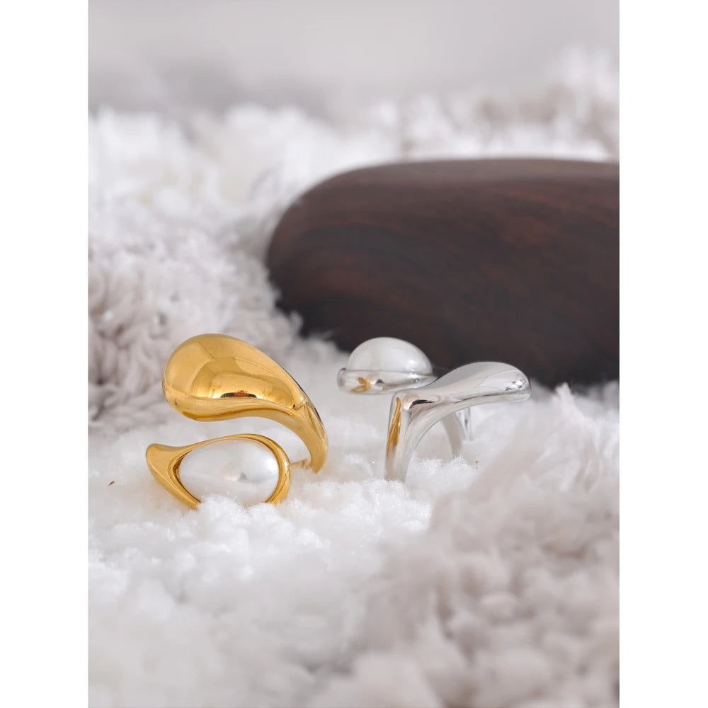 Fashion Imitation Pearl Water Drop Finger Adjustable Ring Women 316L Stainless Steel Elegant Gold Platinum Plated Jewelry