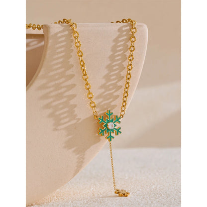Christmas Green Enamel Snowflake Chic Fashion Season Necklace Waterproof Jewelry for Women Gift