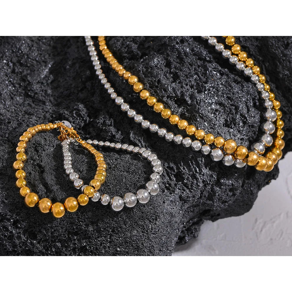 Stainless Steel Beads Handmade Fashion Chain Necklace Bracelet 18K PVD Plated Rust Proof Textured Unisex Jewelry Men Women
