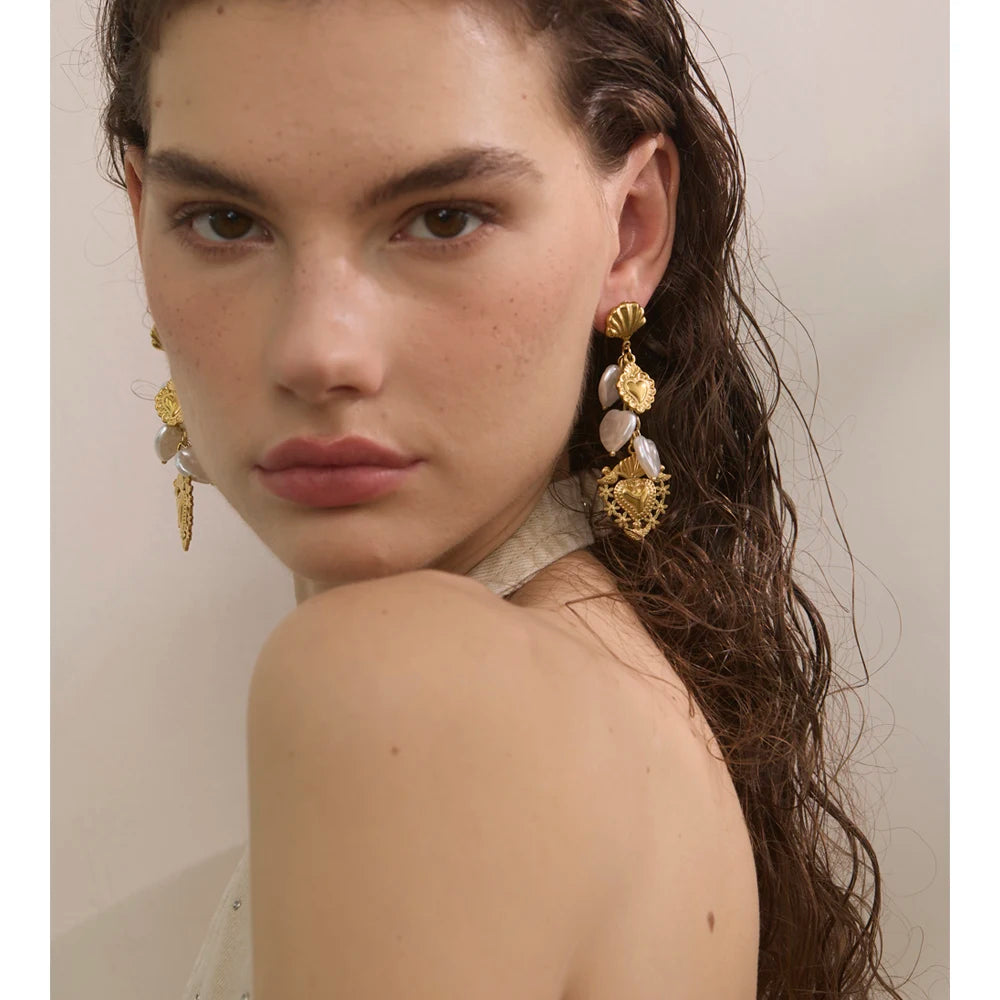 Baroque Imitation Pearls Heart Love Drop Dangle Manual Earrings Golden PVD Plated Stainless Steel Charm Statement Jewelry