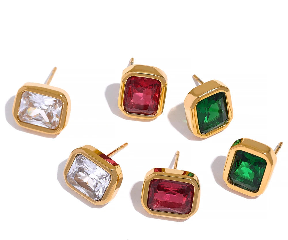 Square Geometric White Green Cubic Zirconia CZ Bling Stud Earrings Stainess Steel Waterproof Charm Women Basic Jewelry