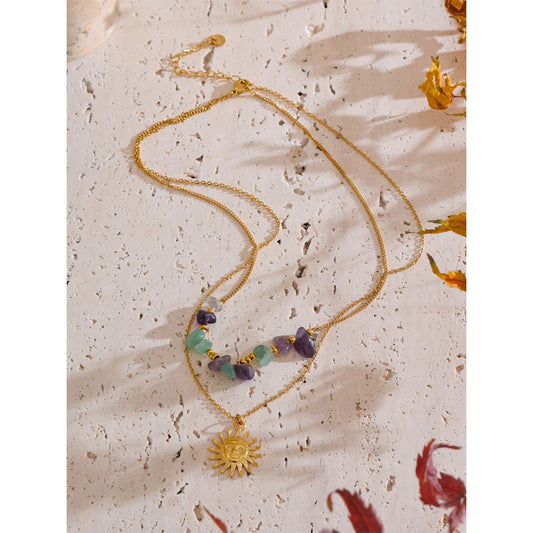 2025 Natural Stone Double-Layer Chain Sun Pendant Necklace for Women 316L Stainless Steel Handmade Jewelry Gift
