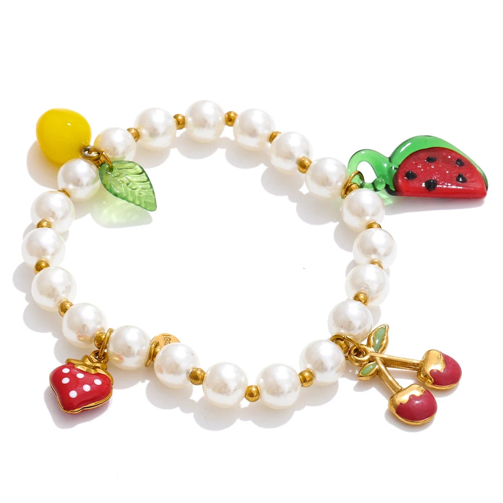 5 Style Trendy Handmade Beads Jewelry Simulated Pearls Chain Fruit Drop Bracelet Bangles Stainless Steel Wrist Accessories