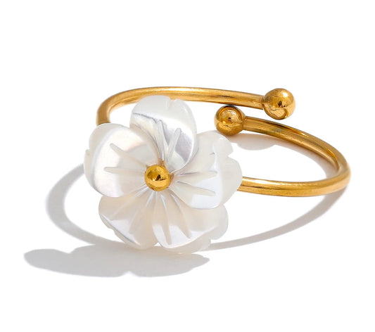 Fashion Natural Shell Flower Adjustable Open Ring Sweet Stainless Steel 18K PVD Plated Summer Daily Jewelry Gift